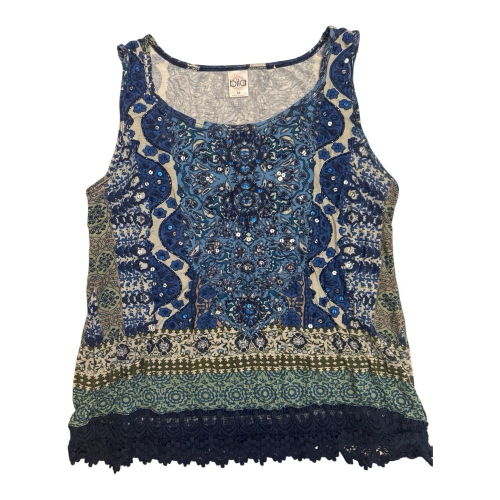 Bila Tank Top M Paisley Beaded Sequin Crochet Lace Boho Women Blue